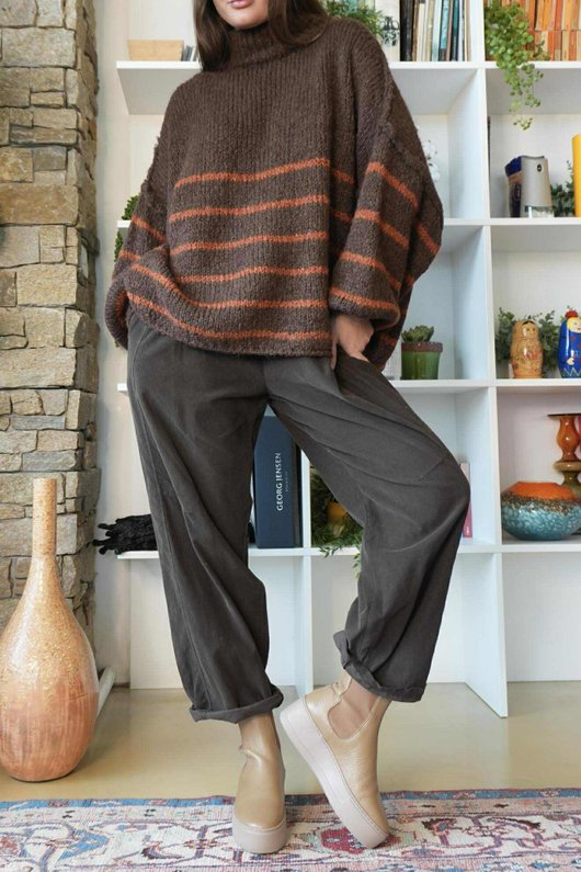 Big Softie Stripe Funnel Grunge Knit Chocolate Rust 